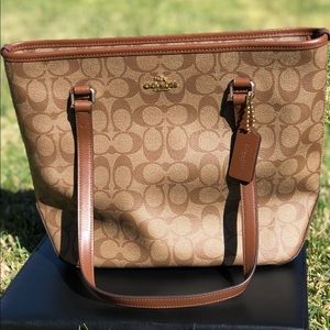 Coach purse brown zip top tote zipper medium khaki